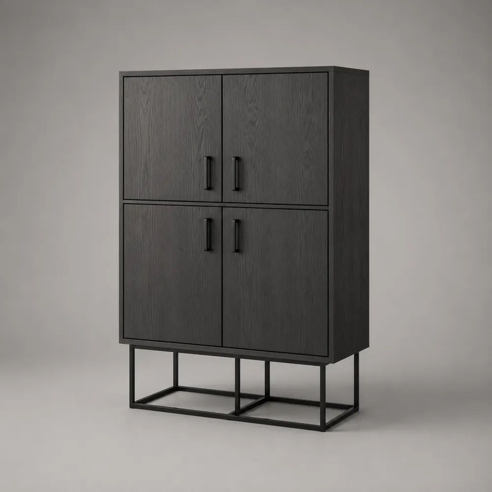 Credenza alta rettangolare a 4 ante in MDF melaminico e acciaio nero, 100 x 40 x 150 cm