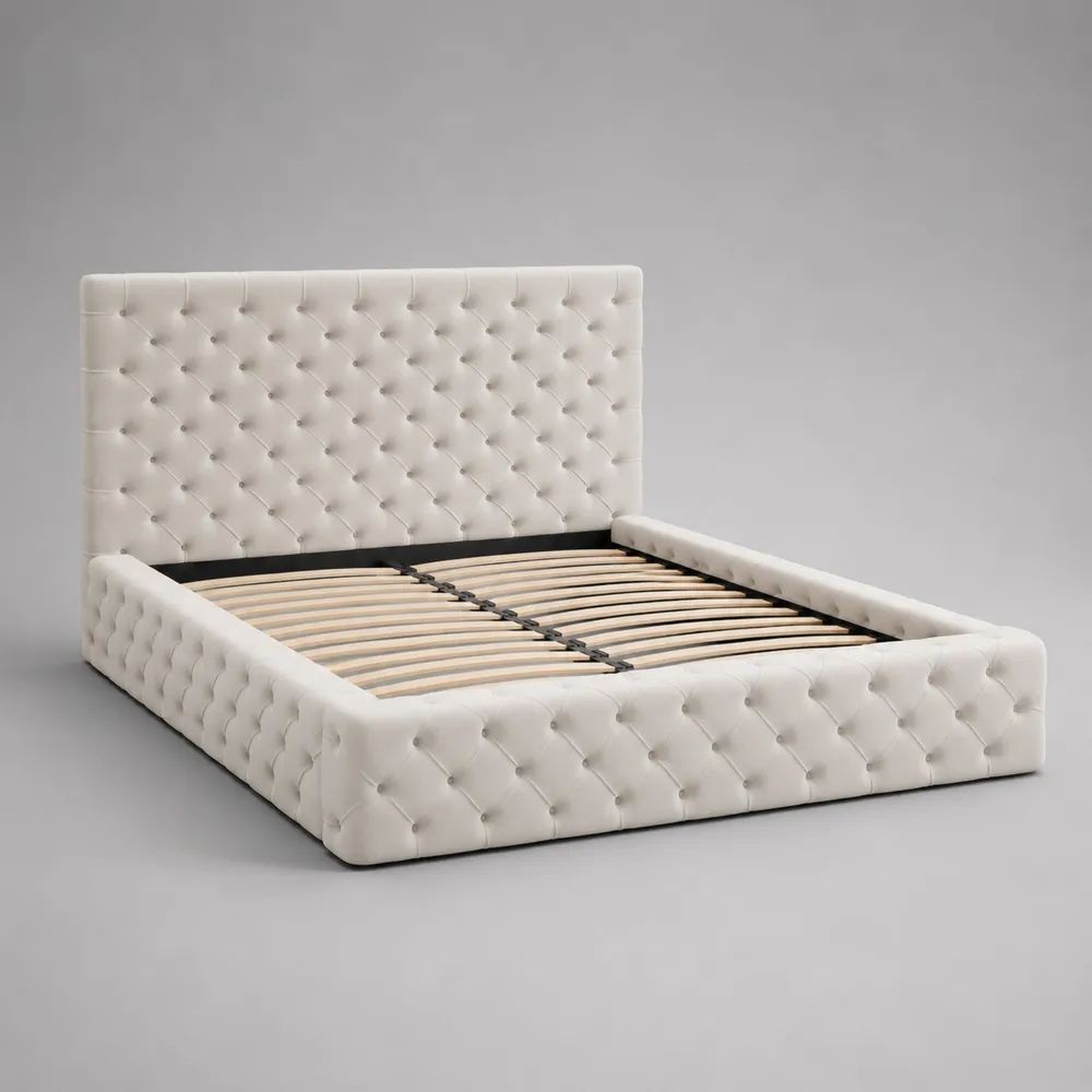 Letto matrimoniale contenitore imbottito in velluto bianco avorio con lavorazione capitonn¨¦ e rete a doghe, 180 x 220 x 120 cm, materasso 160 x 200 cm