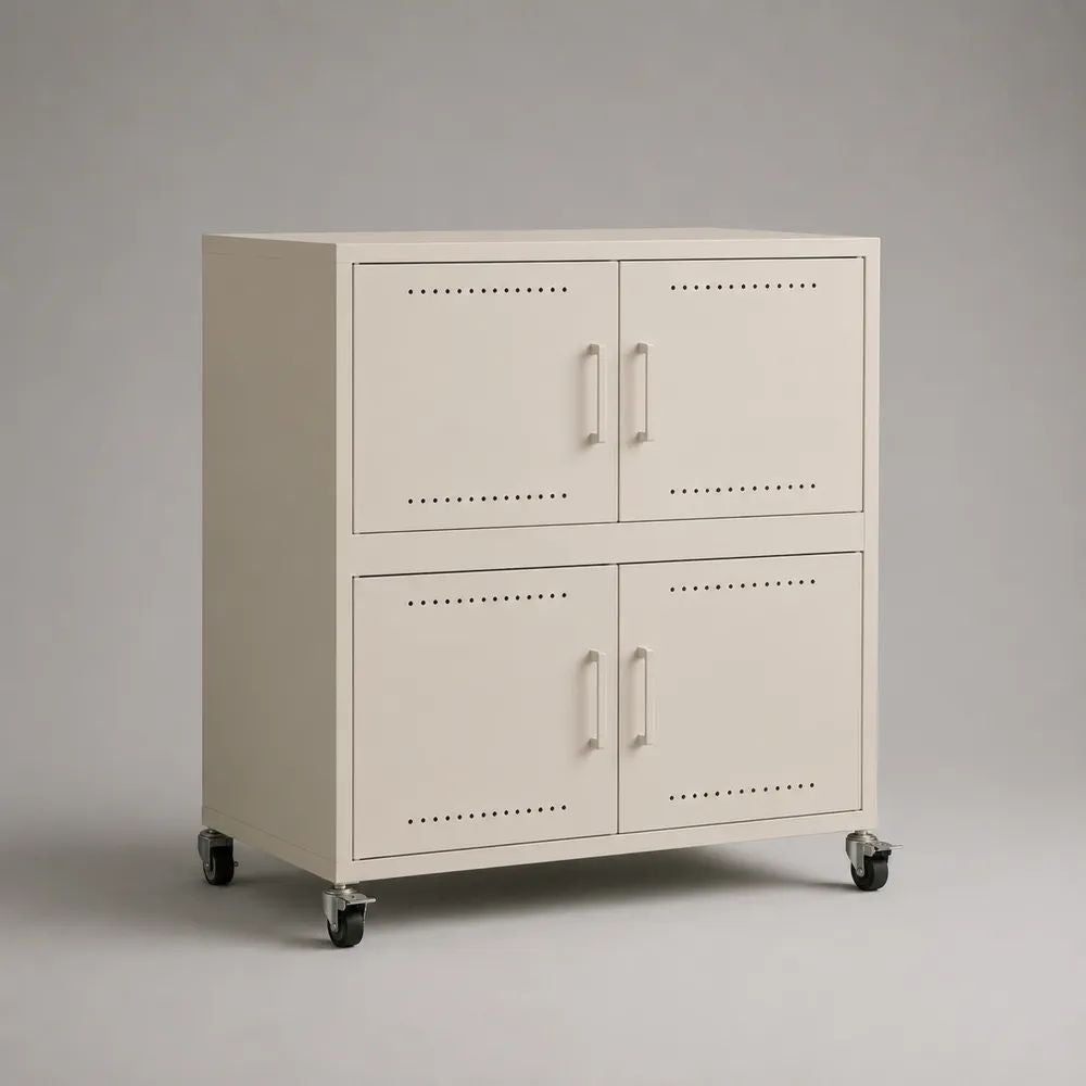 Credenza mobile in acciaio con 4 ante ventilate e 4 ruote, bianco avorio, 80 x 40 x 90 cm