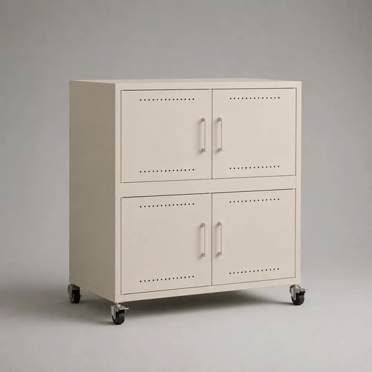 Credenza mobile in acciaio con 4 ante ventilate e 4 ruote, bianco avorio, 80 x 40 x 90 cm