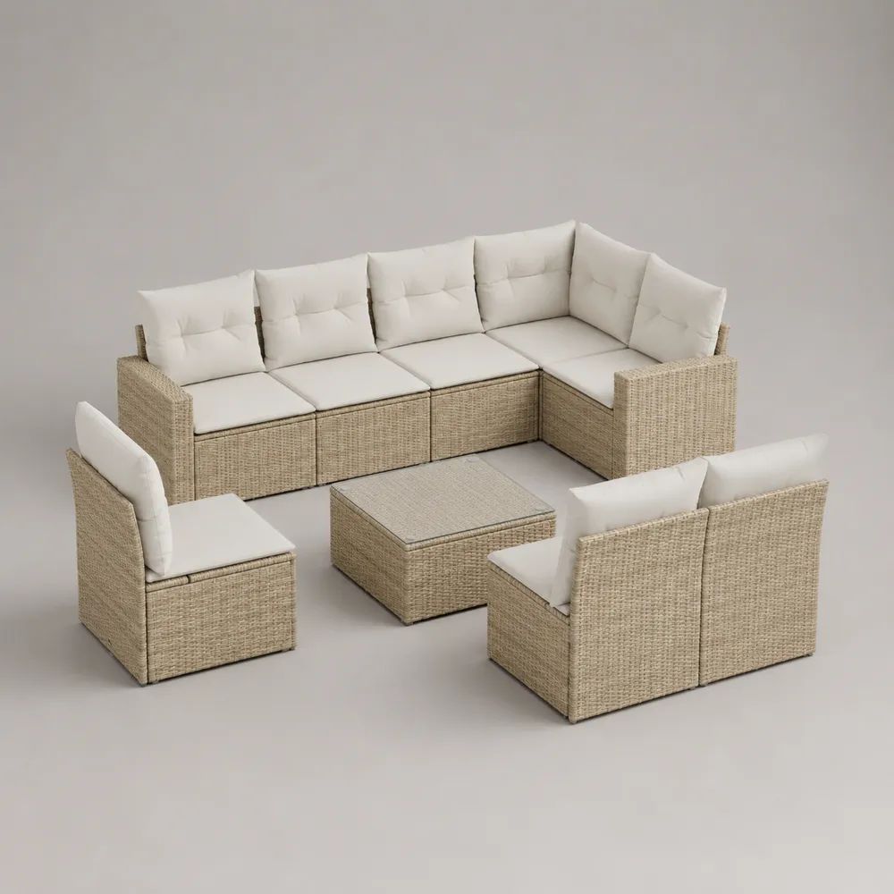Set salotto da giardino angolare a L 8 pezzi, 7 posti, in polyrattan PE beige con cuscini crema e tavolino, 205 x 135 x 74 cm
