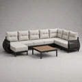 Salotto da giardino a 6 posti con divano angolare modulare in acciaio, corda PE e tessuto, 320 x 220 x 86 cm, tavolino 100 x 60 x 40 cm, nero, beige e marrone