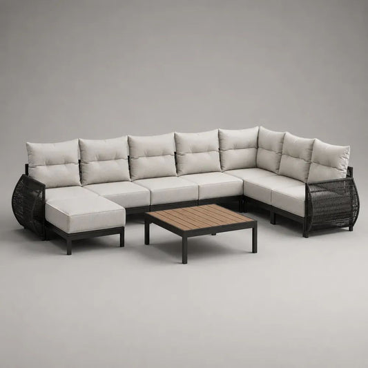 Salotto da giardino a 6 posti con divano angolare modulare in acciaio, corda PE e tessuto, 320 x 220 x 86 cm, tavolino 100 x 60 x 40 cm, nero, beige e marrone