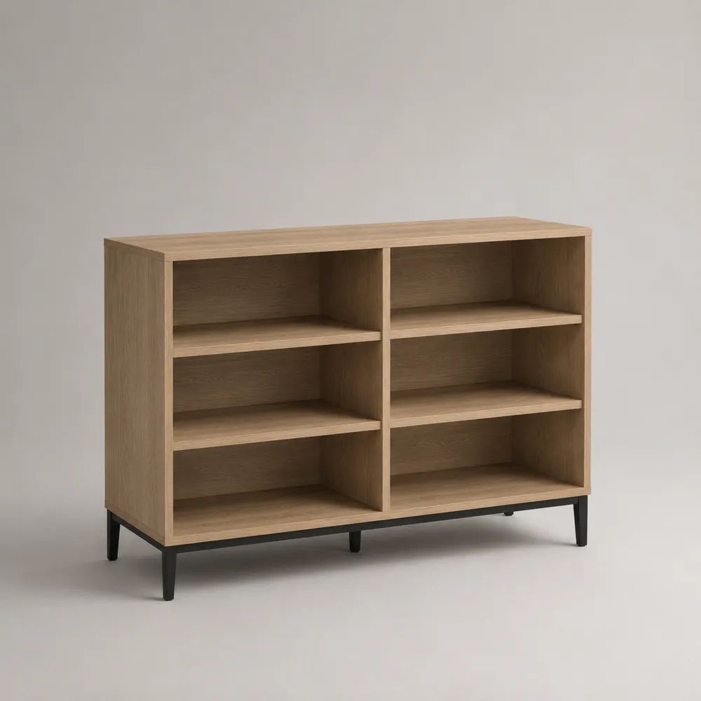 Credenza rettangolare in legno e acciaio con 6 vani aperti, rovere naturale e nero, 120 x 35 x 90 cm