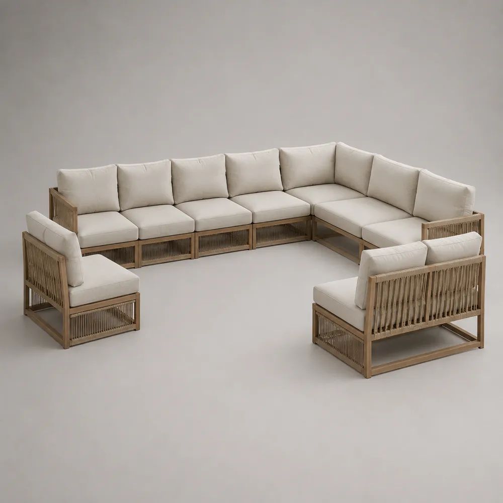 Set modulare angolare da giardino 8 pezzi, 9 posti, in legno massello di acacia e corda, marrone naturale e beige, 380 x 230 x 75 cm