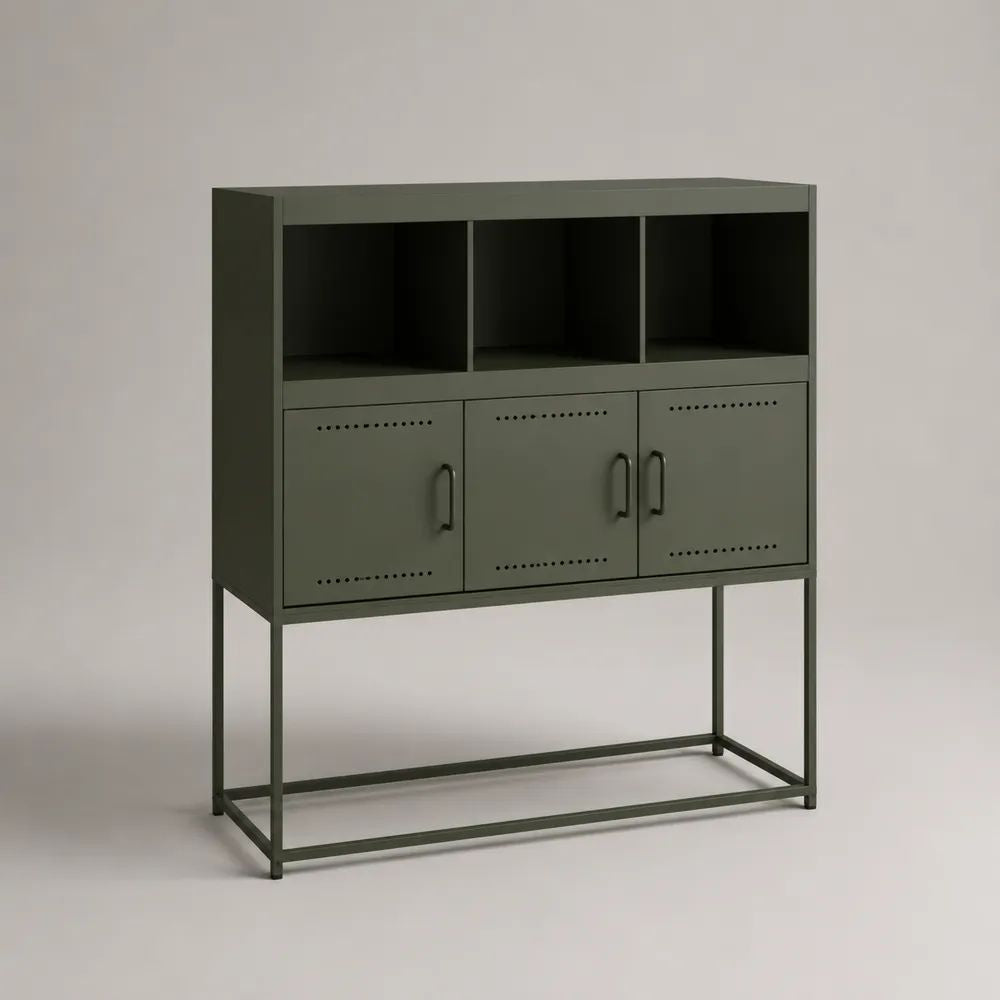 Credenza alta rettangolare in acciaio verde oliva con 3 ante e 3 vani aperti, 100 x 35 x 120 cm