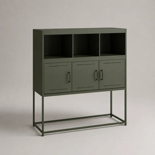 Credenza alta rettangolare in acciaio verde oliva con 3 ante e 3 vani aperti, 100 x 35 x 120 cm