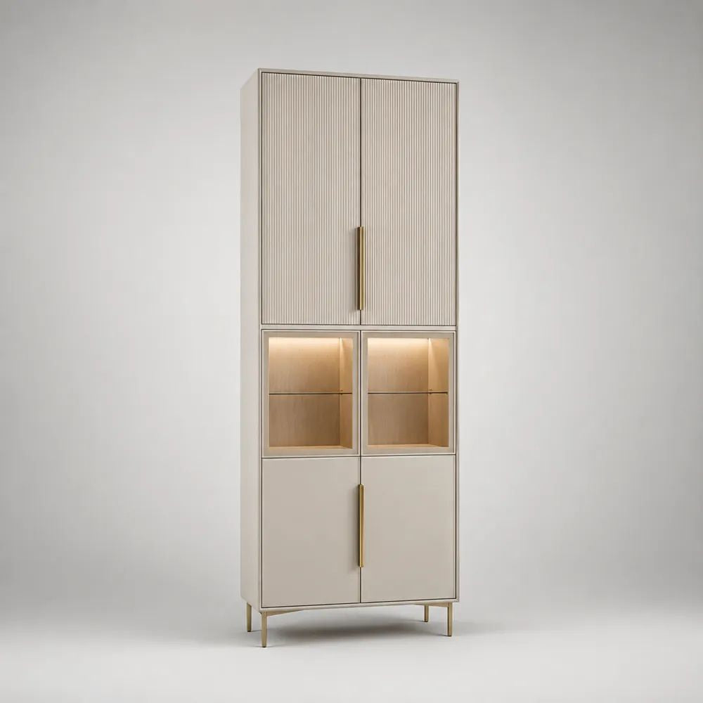 Credenza alta rettangolare a 6 ante in MDF e vetro temperato, beige e oro, 80 ¡Á 40 ¡Á 200 cm