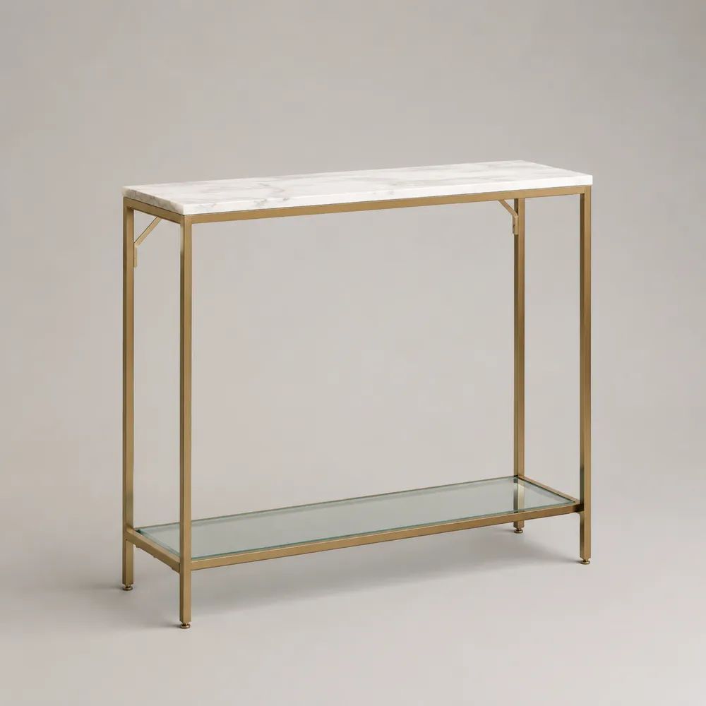 Consolle rettangolare in marmo bianco e grigio, vetro trasparente e acciaio dorato con ripiano, 100 x 30 x 80 cm