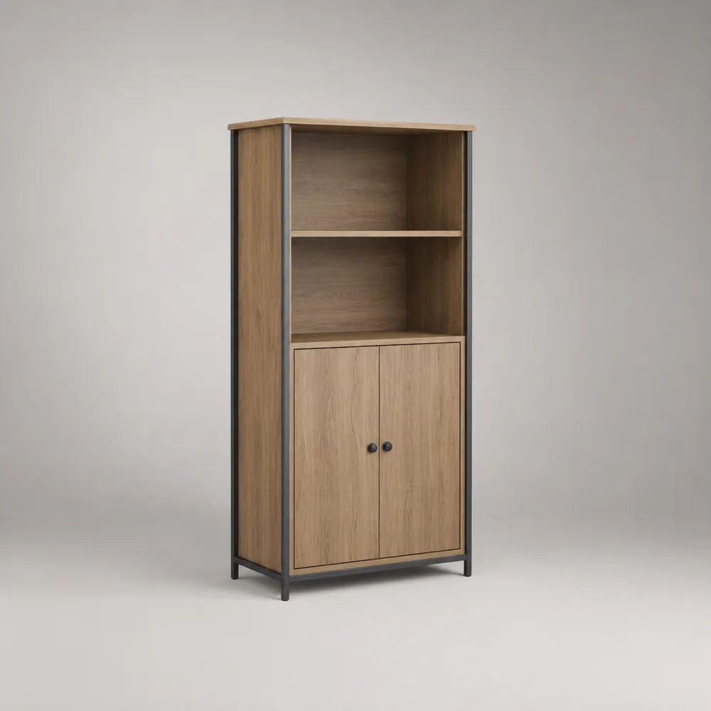 Credenza alta in legno e metallo con 2 vani aperti e 2 ante, rovere naturale e antracite, 80 x 40 x 180 cm