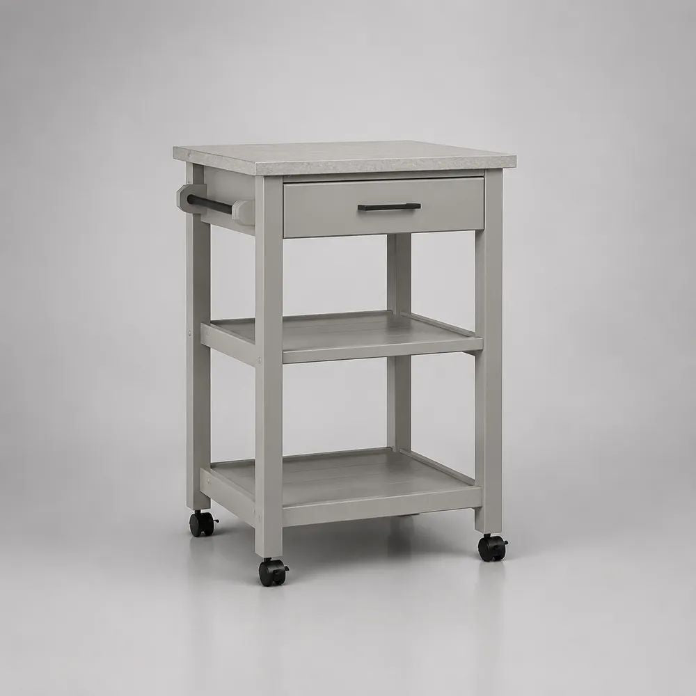 Carrello da cucina rettangolare su ruote in pino massello e MDF con cassetto e 2 ripiani, grigio chiaro, 60 x 40 x 85 cm