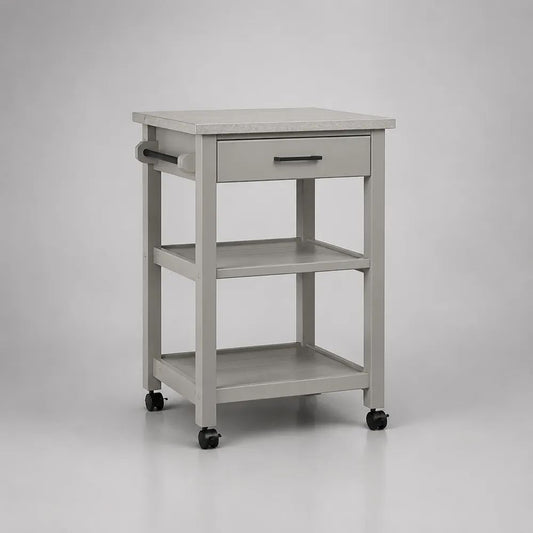 Carrello da cucina rettangolare su ruote in pino massello e MDF con cassetto e 2 ripiani, grigio chiaro, 60 x 40 x 85 cm