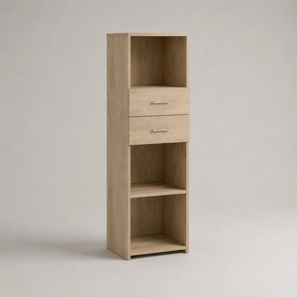 Mobile colonna contenitore con 2 cassetti e 3 vani aperti in pannello truciolare melaminico effetto rovere chiaro, 40 x 35 x 150 cm