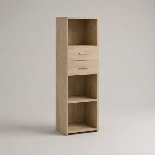 Mobile colonna contenitore con 2 cassetti e 3 vani aperti in pannello truciolare melaminico effetto rovere chiaro, 40 x 35 x 150 cm