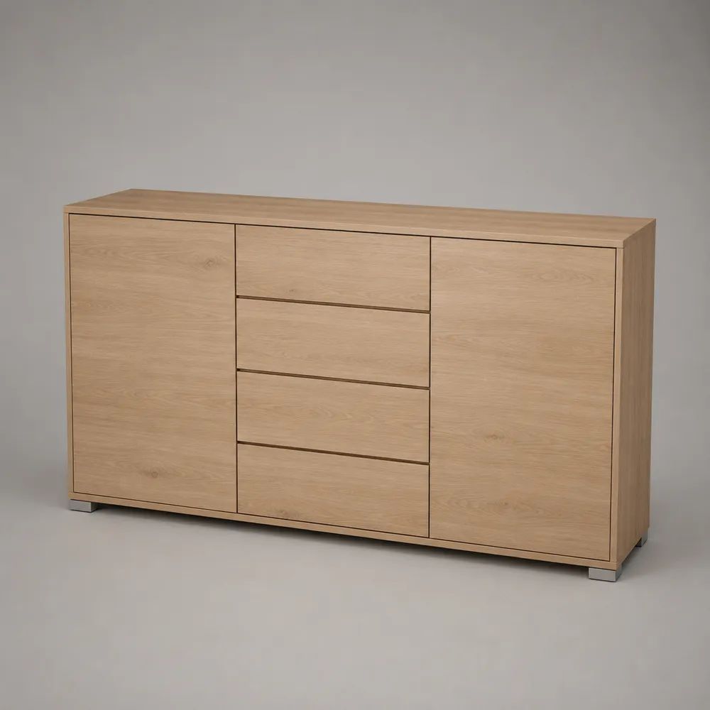 Credenza rettangolare in pannelli impiallacciati rovere naturale con 2 ante e 4 cassetti, 160 ¡Á 40 ¡Á 85 cm