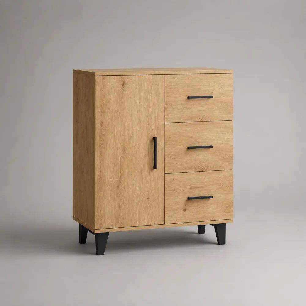 Credenza alta rettangolare in legno, rovere naturale e nero, con 1 anta, 3 cassetti e 2 ripiani, 80 x 40 x 100 cm