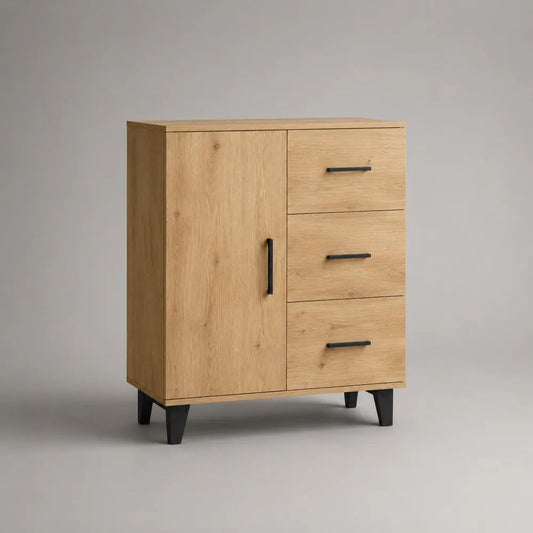 Credenza alta rettangolare in legno, rovere naturale e nero, con 1 anta, 3 cassetti e 2 ripiani, 80 x 40 x 100 cm