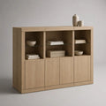 Credenza alta rettangolare in legno e vetro con 4 ante e 3 vani a giorno, rovere naturale, 160 x 40 x 130 cm