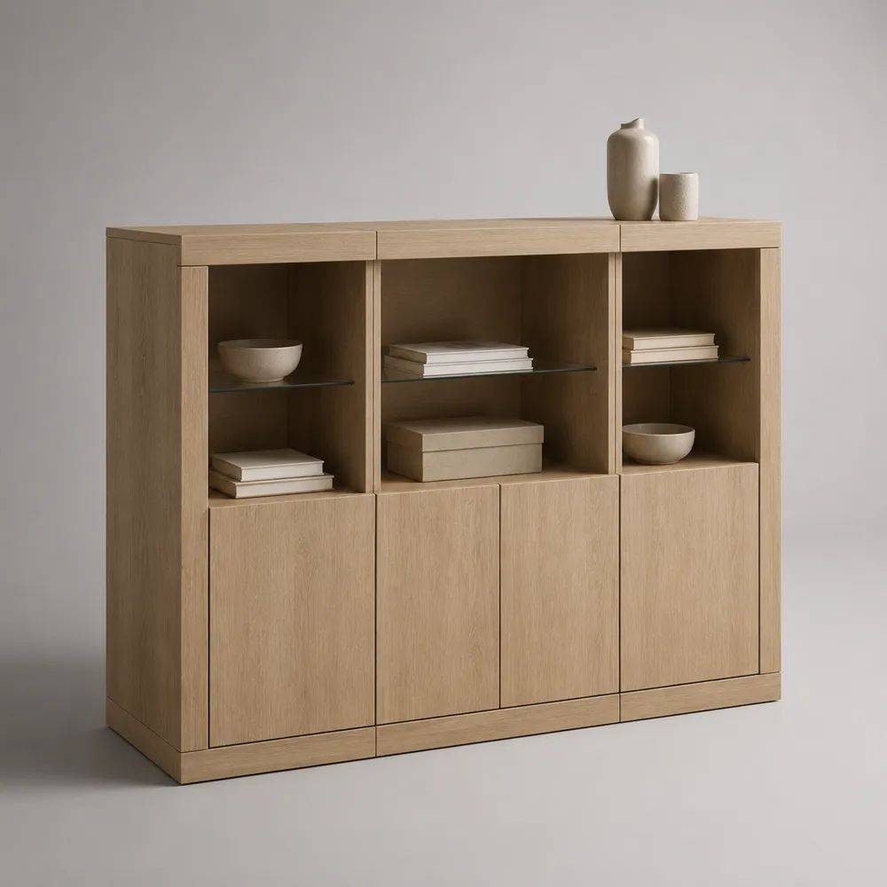 Credenza alta rettangolare in legno e vetro con 4 ante e 3 vani a giorno, rovere naturale, 160 x 40 x 130 cm