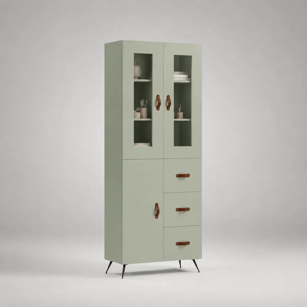 Credenza alta rettangolare con vetrina, 3 ante e 3 cassetti in MDF, vetro e metallo, verde salvia, 80 x 40 x 180 cm