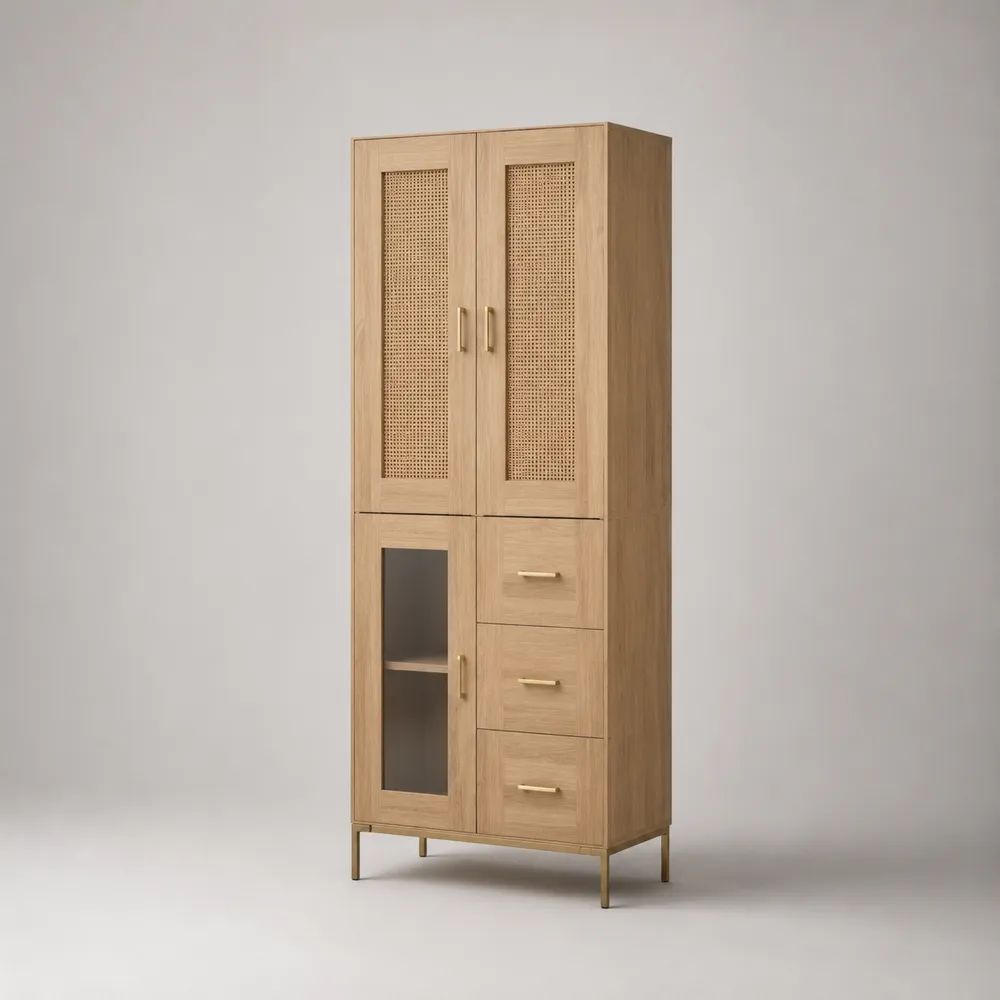 Credenza alta rettangolare con 3 ante e 3 cassetti in MDF impiallacciato rovere, rattan e vetro, marrone chiaro, 80 x 40 x 180 cm