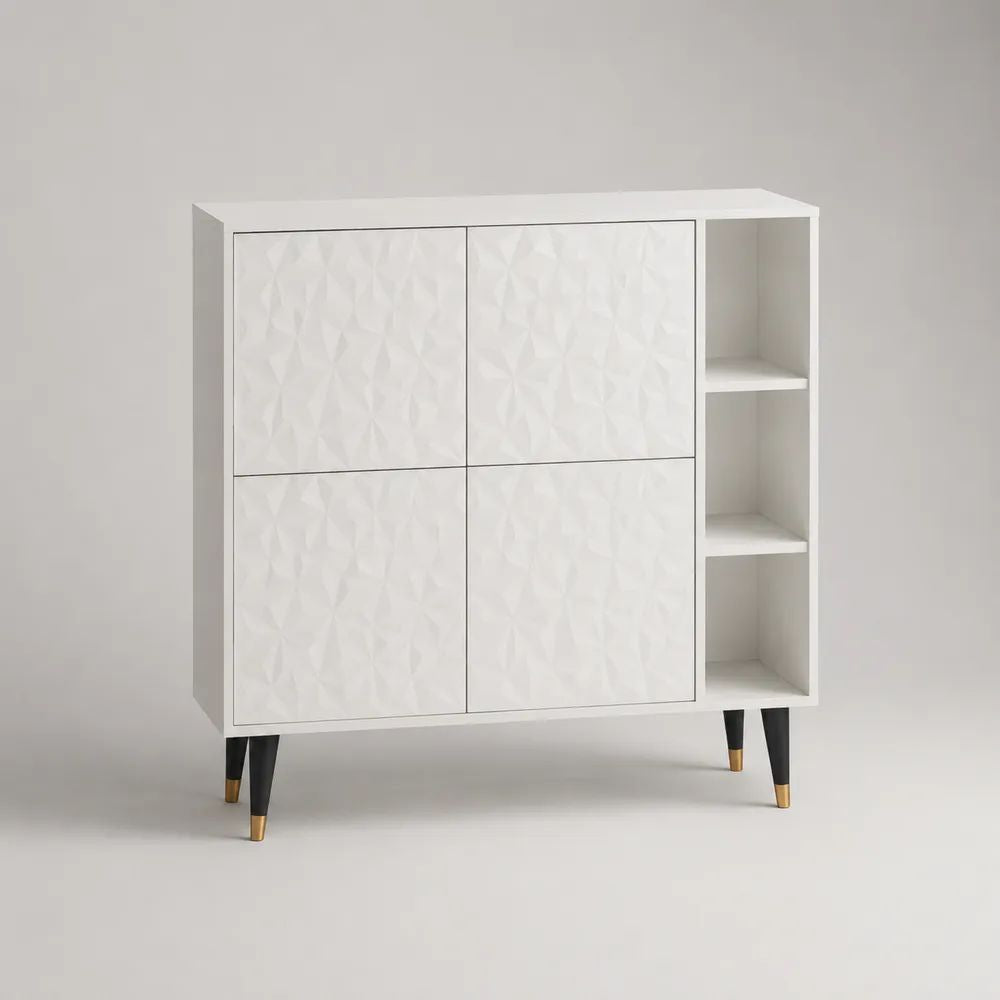 Credenza rettangolare in MDF bianco con 4 ante, 3 vani aperti e gambe nere, 120 x 40 x 110 cm
