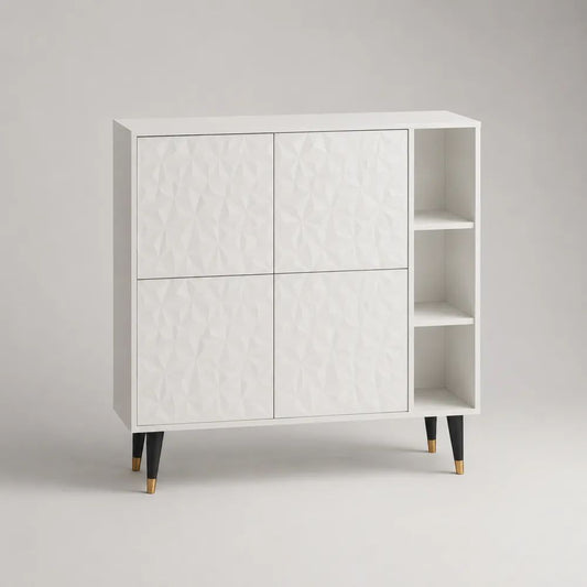 Credenza rettangolare in MDF bianco con 4 ante, 3 vani aperti e gambe nere, 120 x 40 x 110 cm