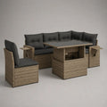 Set salotto da esterno 3 pezzi in rattan PE beige con divano angolare 5 posti 237 x 177 x 73 cm, poltrona 58 x 65 x 84 cm, tavolo 120 x 70 x 65 cm e cuscini grigio antracite