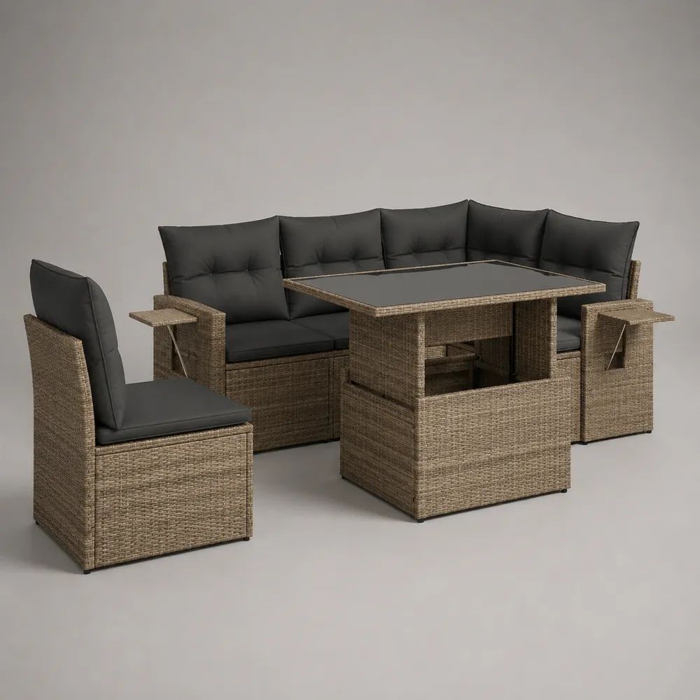 Set salotto da esterno 3 pezzi in rattan PE beige con divano angolare 5 posti 237 x 177 x 73 cm, poltrona 58 x 65 x 84 cm, tavolo 120 x 70 x 65 cm e cuscini grigio antracite