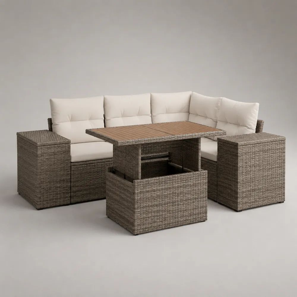 Set salotto da giardino in rattan con divano angolare 5 posti 230 x 180 x 75 cm, tavolo elevabile 120 x 70 x 48-68 cm e 2 pouf, tortora, beige e marrone