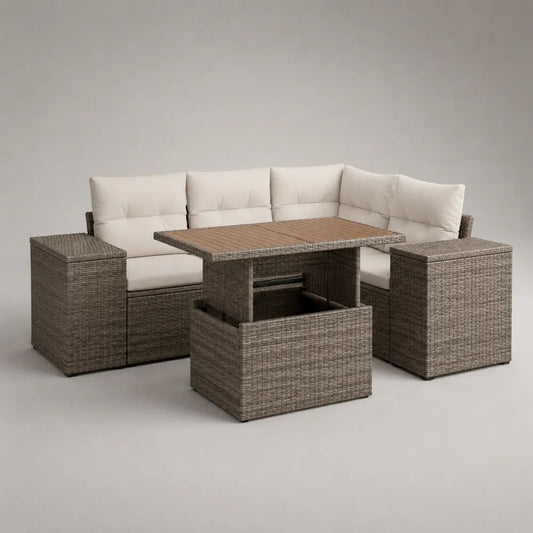 Set salotto da giardino in rattan con divano angolare 5 posti 230 x 180 x 75 cm, tavolo elevabile 120 x 70 x 48-68 cm e 2 pouf, tortora, beige e marrone