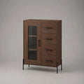 Credenza alta in pannello truciolare e acciaio con anta in vetro fum¨¦ e 4 cassetti, marrone noce e nero, 100 ¡Á 40 ¡Á 150 cm