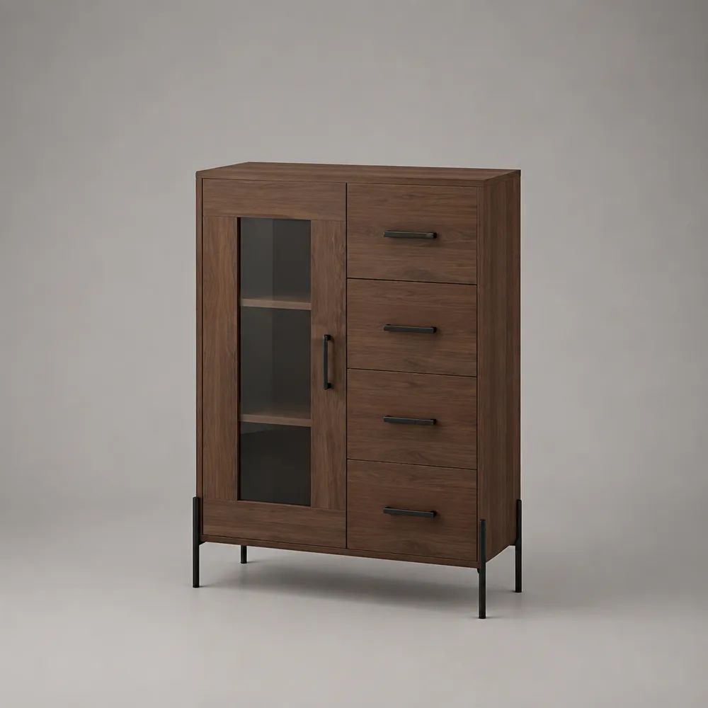 Credenza alta in pannello truciolare e acciaio con anta in vetro fum¨¦ e 4 cassetti, marrone noce e nero, 100 ¡Á 40 ¡Á 150 cm