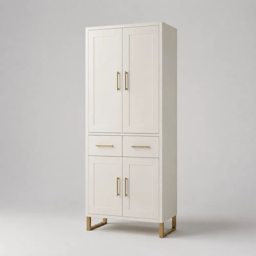 Credenza alta rettangolare in MDF bianco opaco con 4 ante, 2 cassetti e gambe in acciaio dorato, 80 ¡Á 40 ¡Á 190 cm