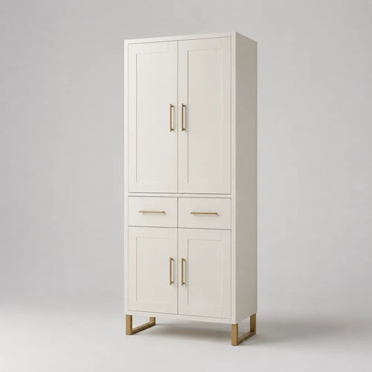 Credenza alta rettangolare in MDF bianco opaco con 4 ante, 2 cassetti e gambe in acciaio dorato, 80 ¡Á 40 ¡Á 190 cm