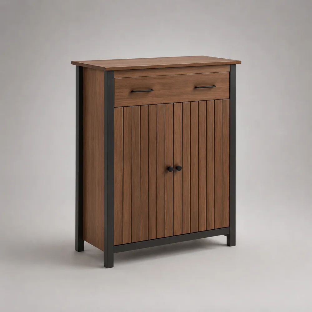 Credenza alta rettangolare in MDF e acciaio con 2 ante, 1 cassetto e ripiano, marrone noce e nero, 80 ¡Á 35 ¡Á 100 cm