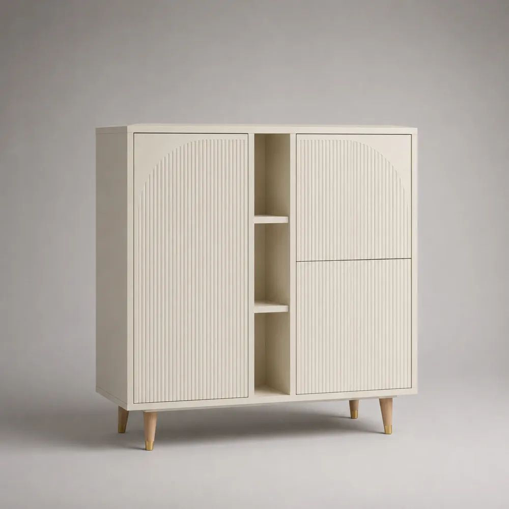 Credenza alta rettangolare in legno e MDF con 3 ante e 3 vani aperti, bianco crema, 120 ¡Á 40 ¡Á 140 cm