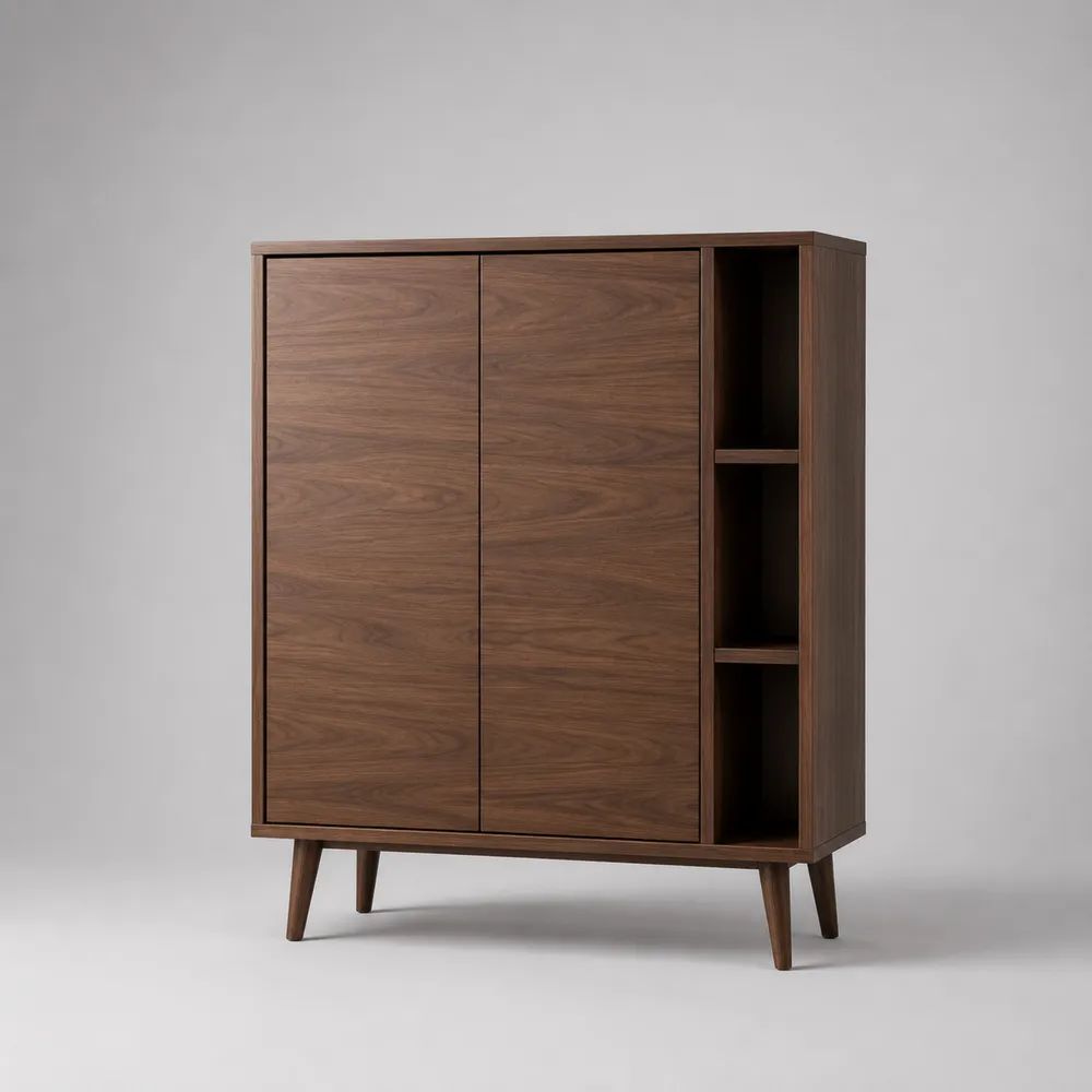 Credenza alta rettangolare in legno con 2 ante e 3 vani aperti, marrone noce, 120 x 40 x 140 cm