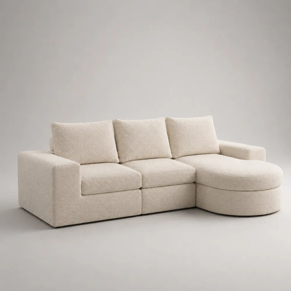 Divano angolare 3 posti in tessuto boucl¨¦ avorio con chaise longue destra, 250 ¡Á 160 ¡Á 85 cm