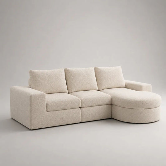 Divano angolare 3 posti in tessuto boucl¨¦ avorio con chaise longue destra, 250 ¡Á 160 ¡Á 85 cm