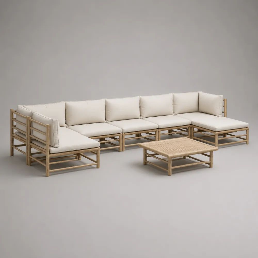 Set divano modulare da giardino 6 pezzi in bamb¨´ naturale con cuscini beige, 300 x 220 x 70 cm