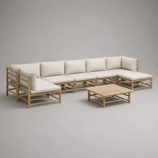 Set divano modulare da giardino 6 pezzi in bamb¨´ naturale con cuscini beige, 300 x 220 x 70 cm