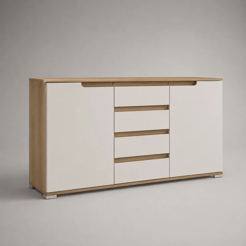Credenza rettangolare in MDF e legno con 2 ante e 4 cassetti, bianco e rovere naturale, 160 ¡Á 40 ¡Á 85 cm