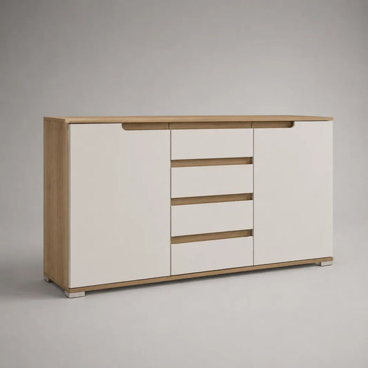 Credenza rettangolare in MDF e legno con 2 ante e 4 cassetti, bianco e rovere naturale, 160 ¡Á 40 ¡Á 85 cm