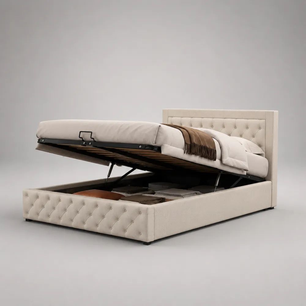 Letto matrimoniale contenitore imbottito beige 175 ¡Á 218 ¡Á 110 cm, rete 160 ¡Á 200 cm e testiera trapuntata