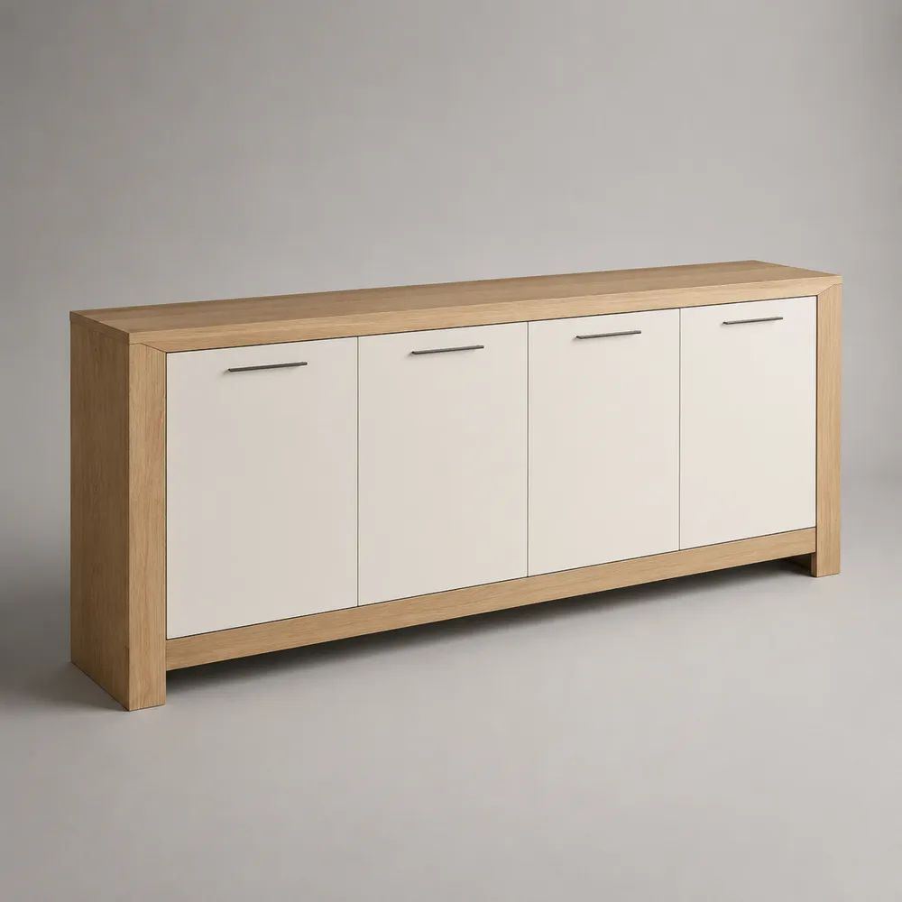 Credenza rettangolare in legno a 4 ante, rovere naturale e bianco, 180 x 40 x 80 cm