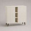 Credenza alta rettangolare in legno MDF color crema con 2 ante scanalate e 3 vani, 100 x 40 x 115 cm