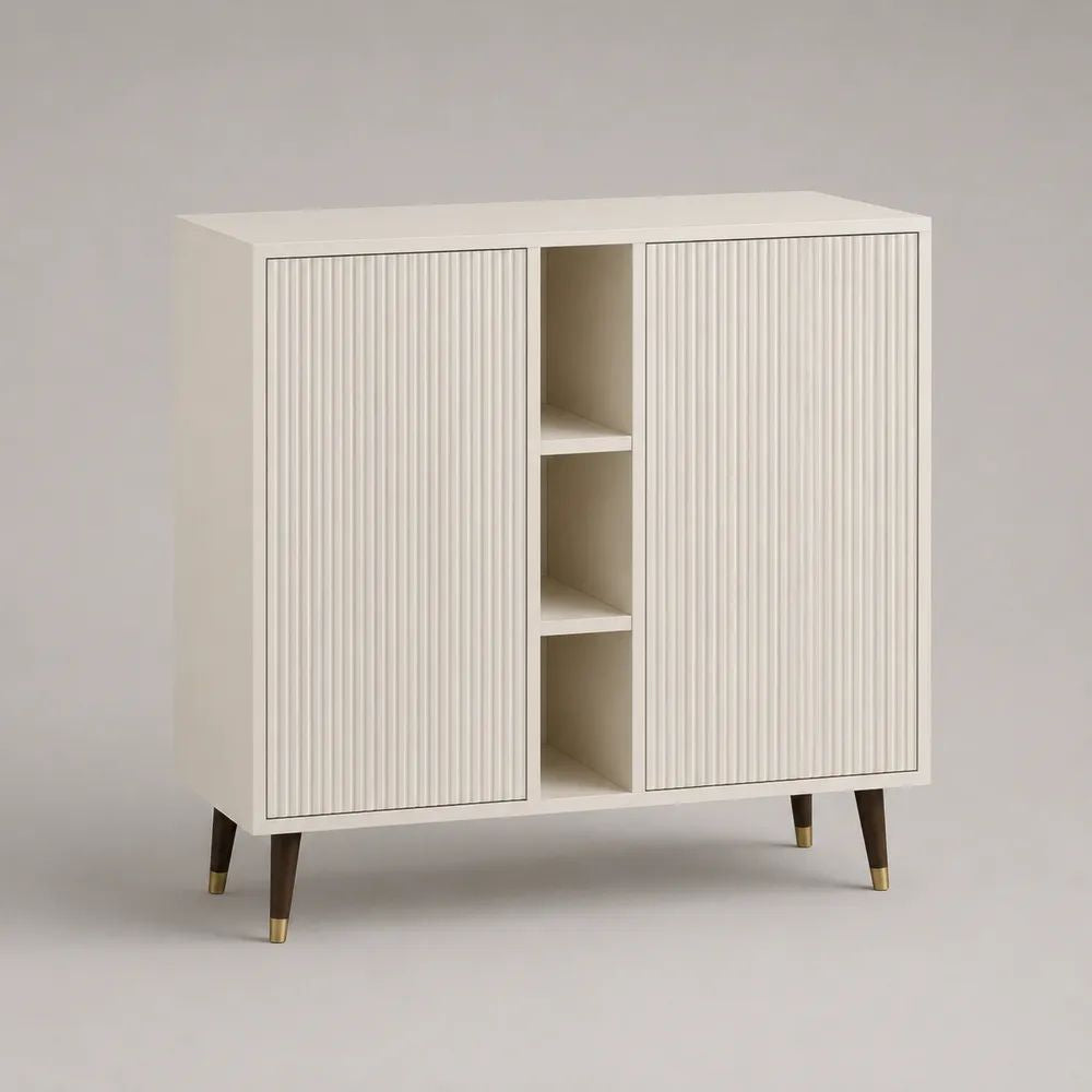 Credenza alta rettangolare in legno MDF color crema con 2 ante scanalate e 3 vani, 100 x 40 x 115 cm