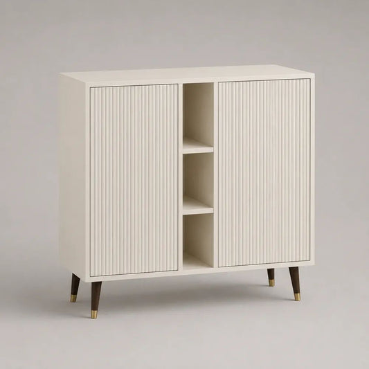 Credenza alta rettangolare in legno MDF color crema con 2 ante scanalate e 3 vani, 100 x 40 x 115 cm
