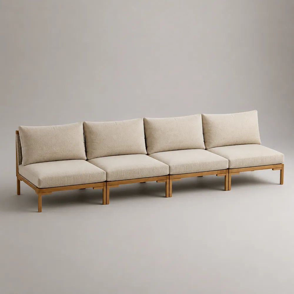Divano modulare da esterno a 4 posti in legno massello e corda con cuscini beige, 300 x 80 x 78 cm